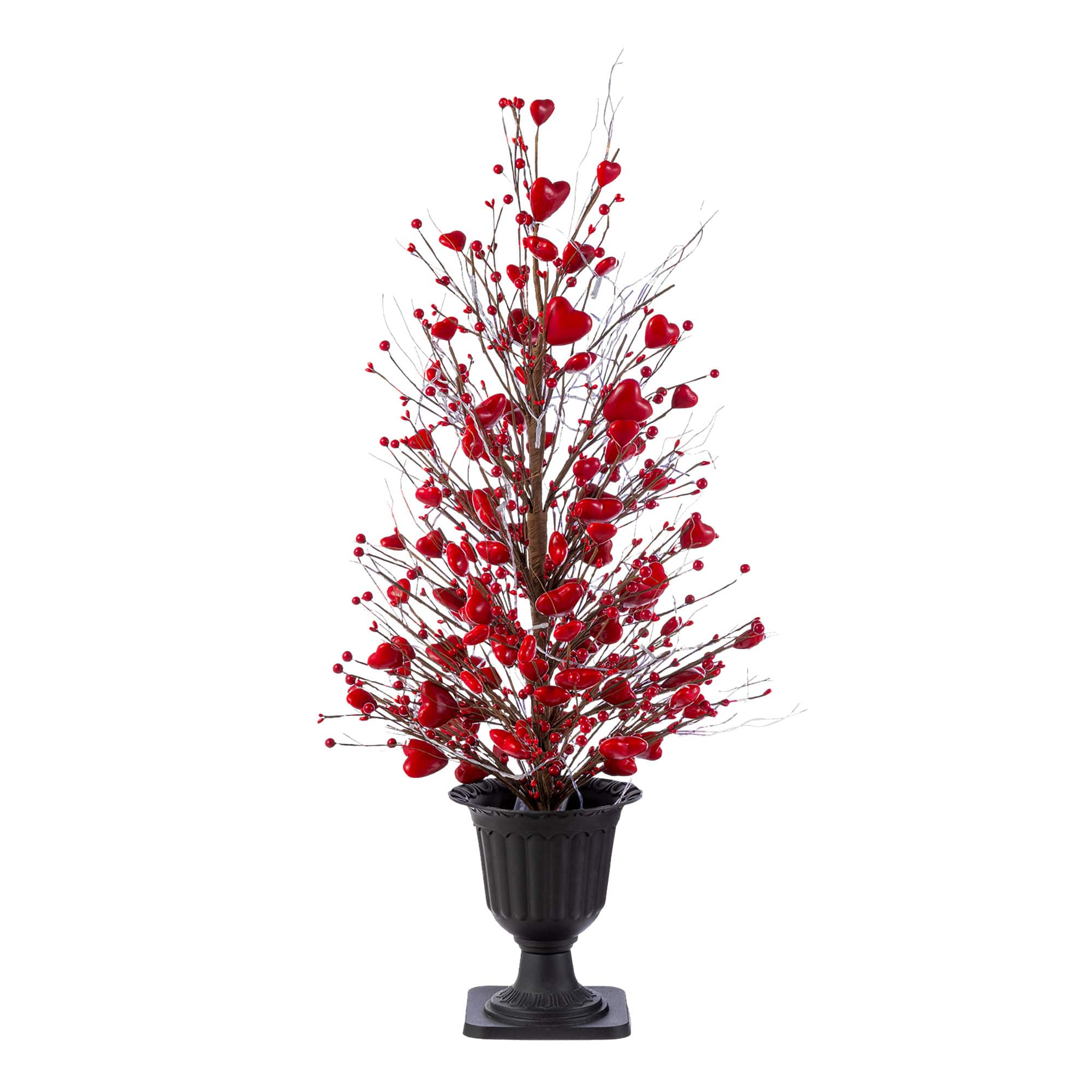 Glitzhome® 36" Valentine's Lighted Red Berry Heart Urn Porch Tree with Timer